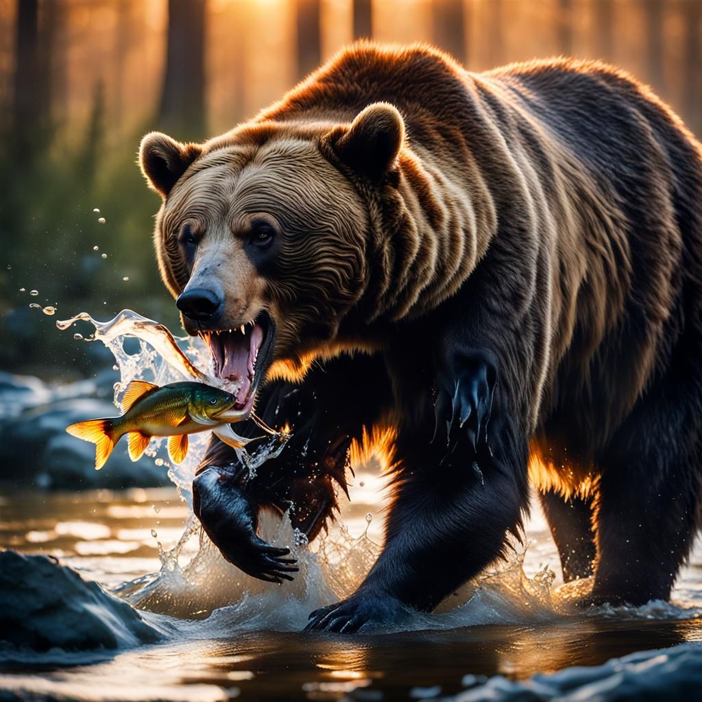 Macro Photograph: Bear Catching Fish at Sunset