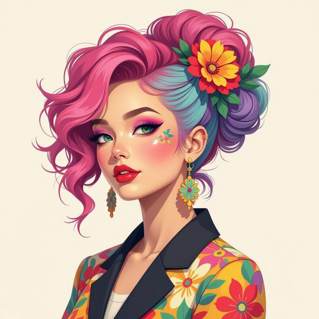 Vibrant Unconventional Hairstyles in Digital Art Style