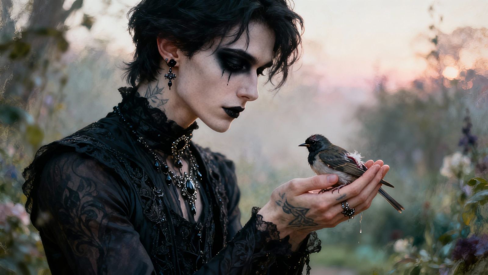 Goth Man Tends Injured Bird in Dawn Garden