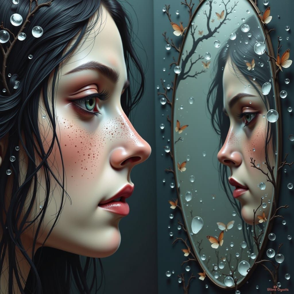 Melancholic Woman Gazes at Shattered Reflection in Void