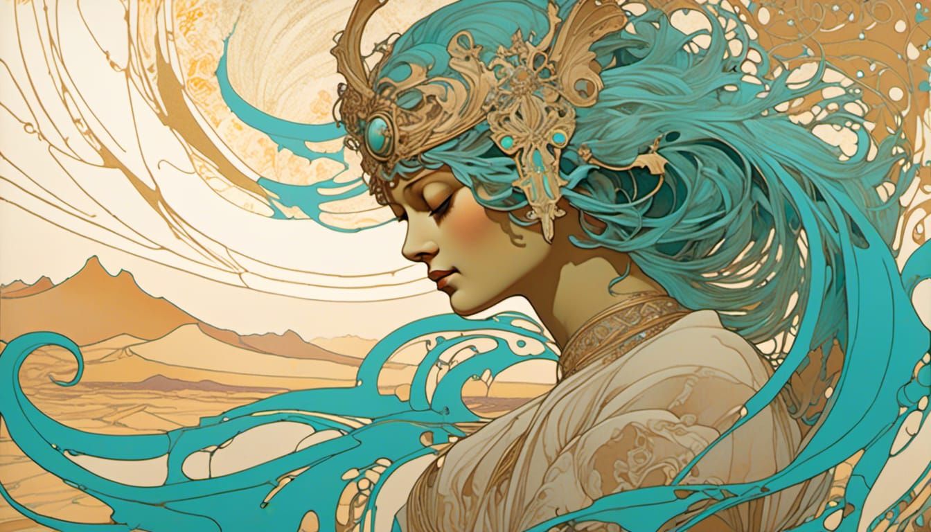 Oni Mask in Desert Sand, Art Nouveau Style