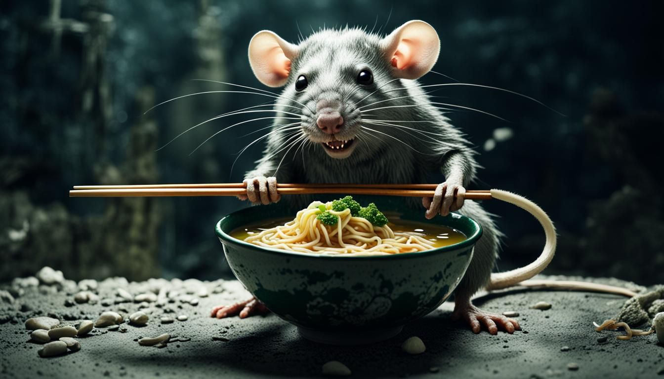 Humanoid Rat Enjoying Ramen in Sewers