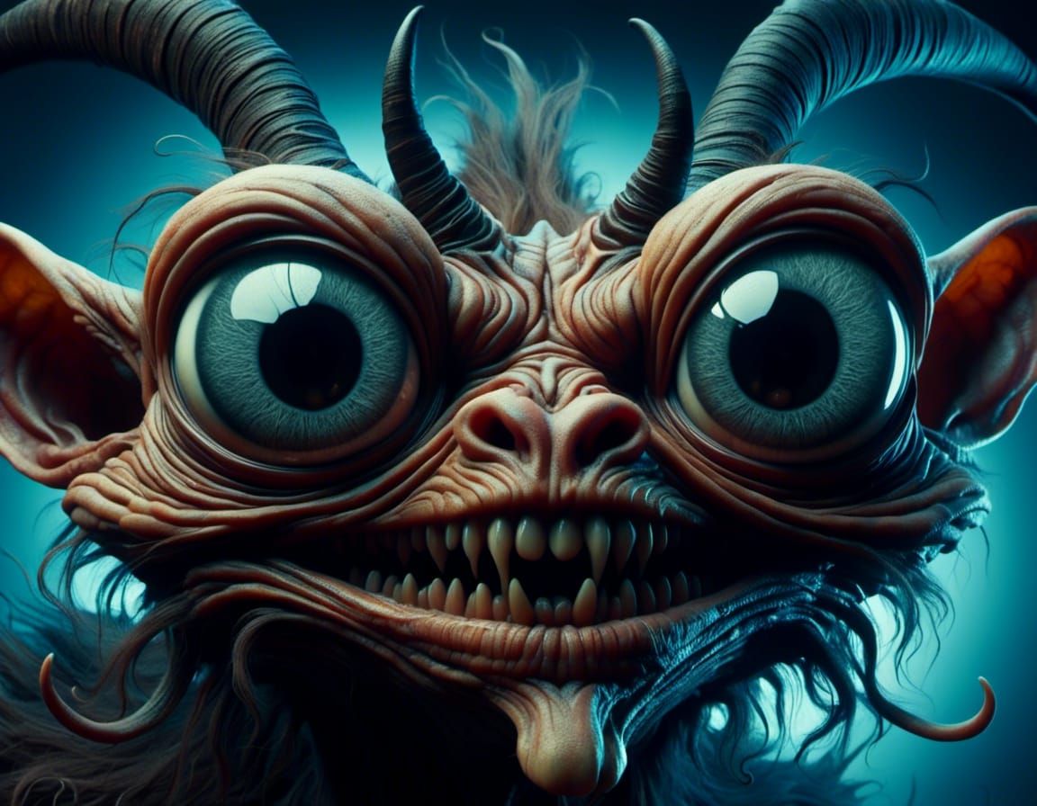 Surreal Four-Horned Alien Head in Dreamlike Oil Painting Sty...