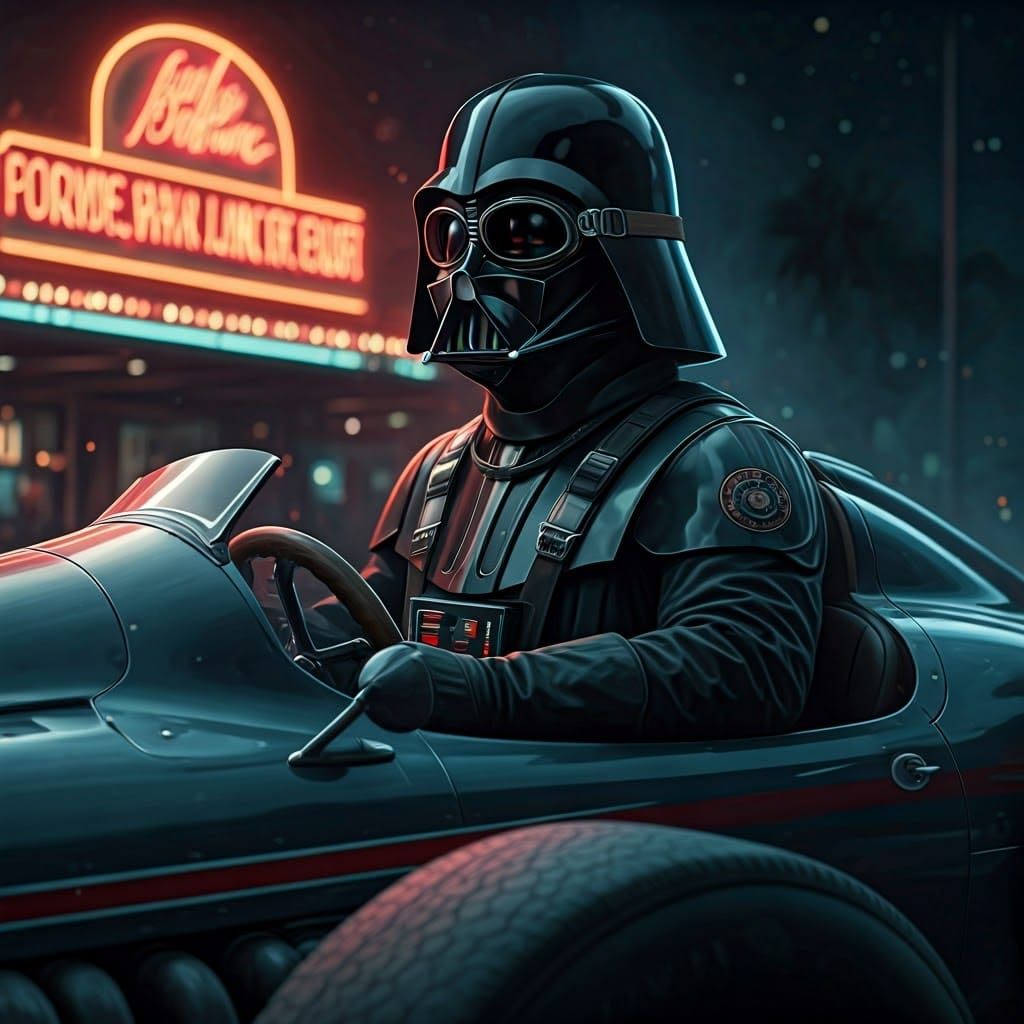 Darth Vader as 1930s Racer in Neon-Lit Scene