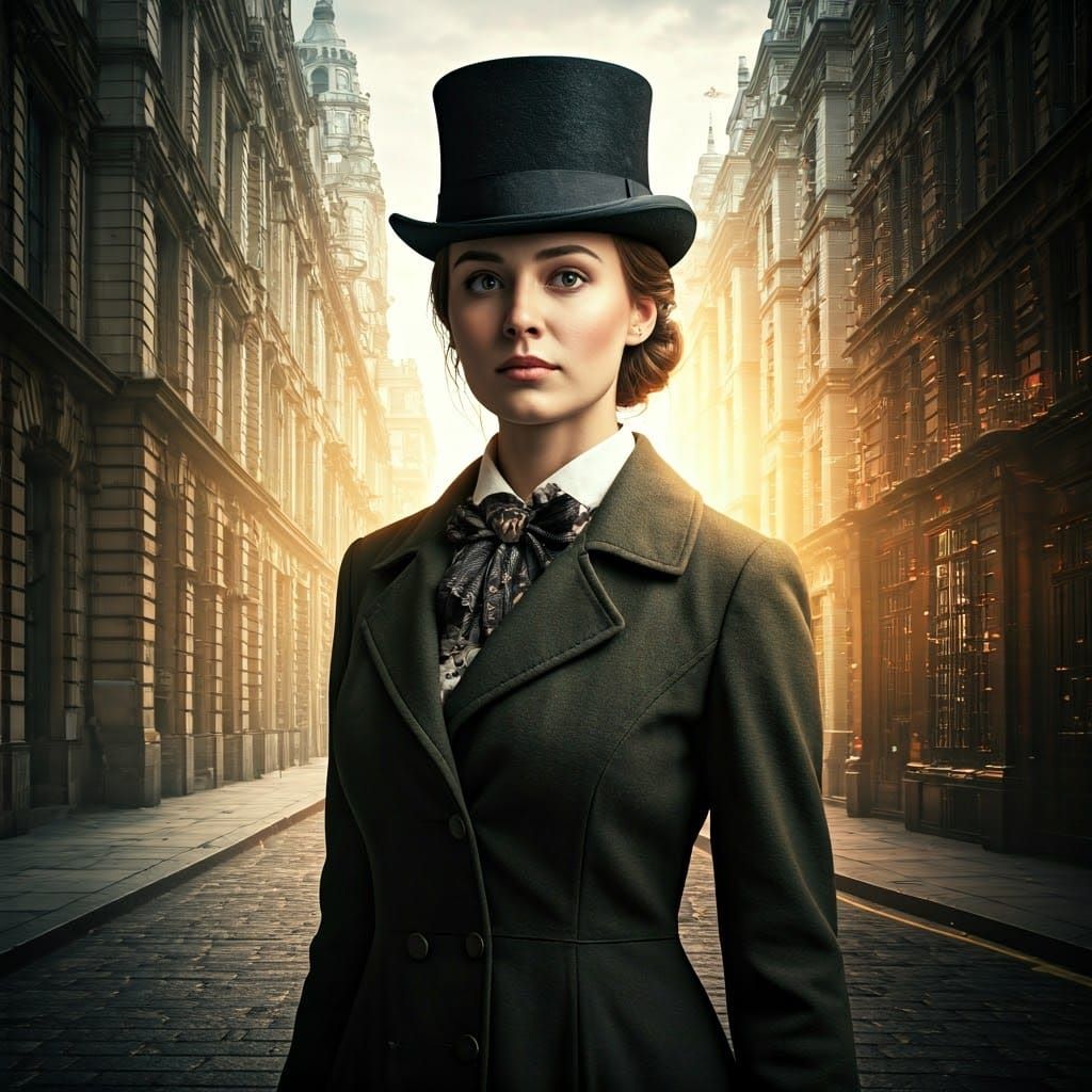 Timeless Victorian Woman Amidst Cyberpunk London