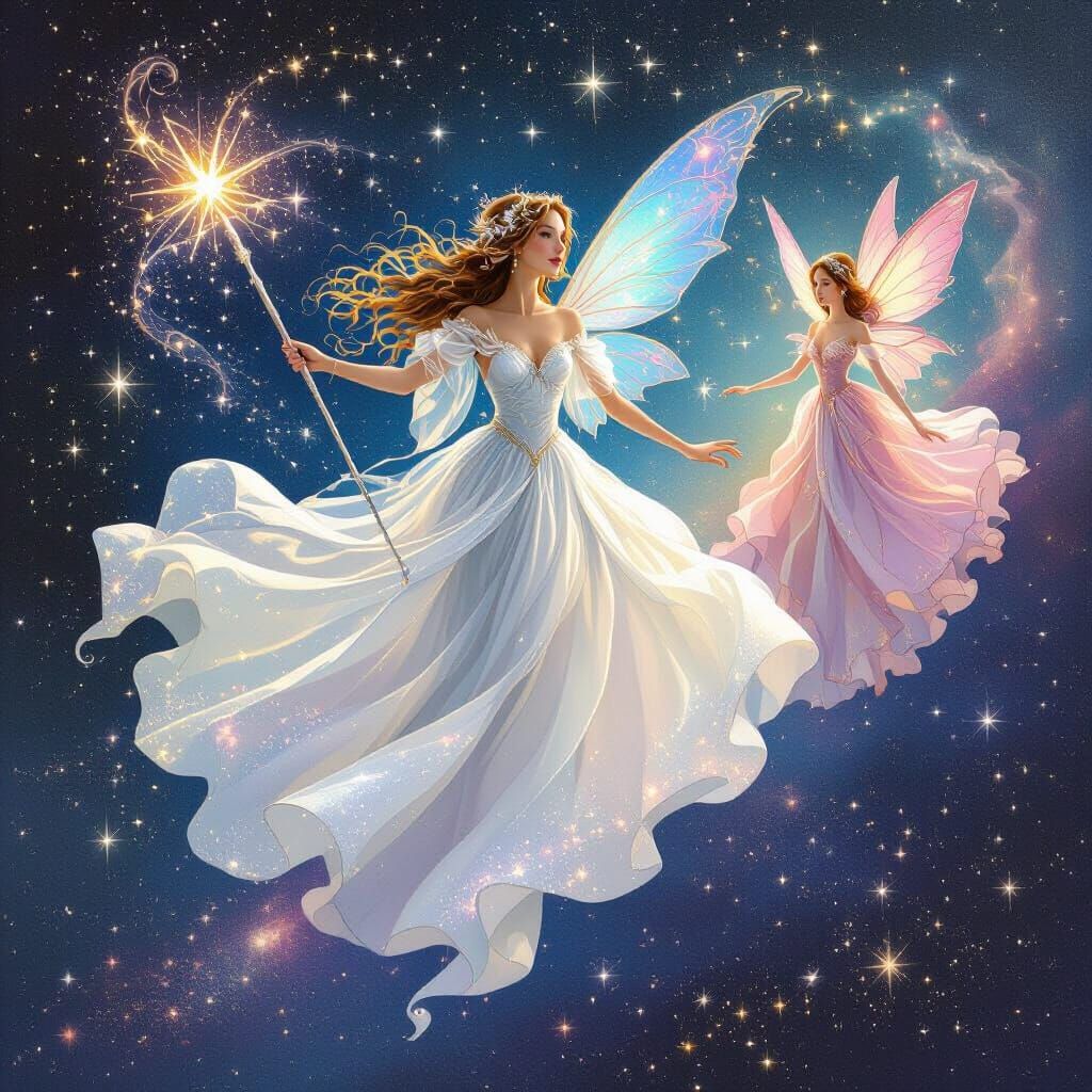 Fairies Soaring Through Galaxy with Magical Wands