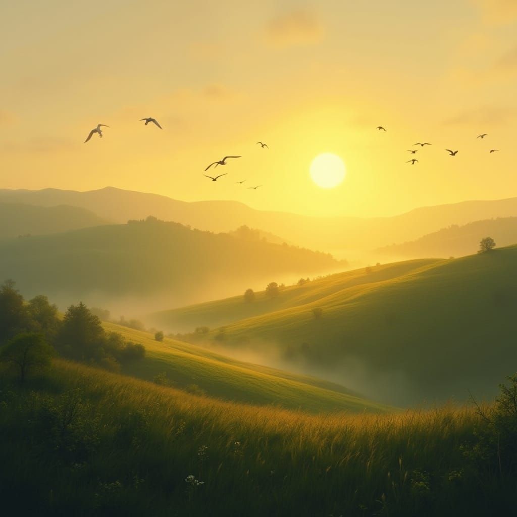 Sunrise Over Rolling Hills in Impressionist Style