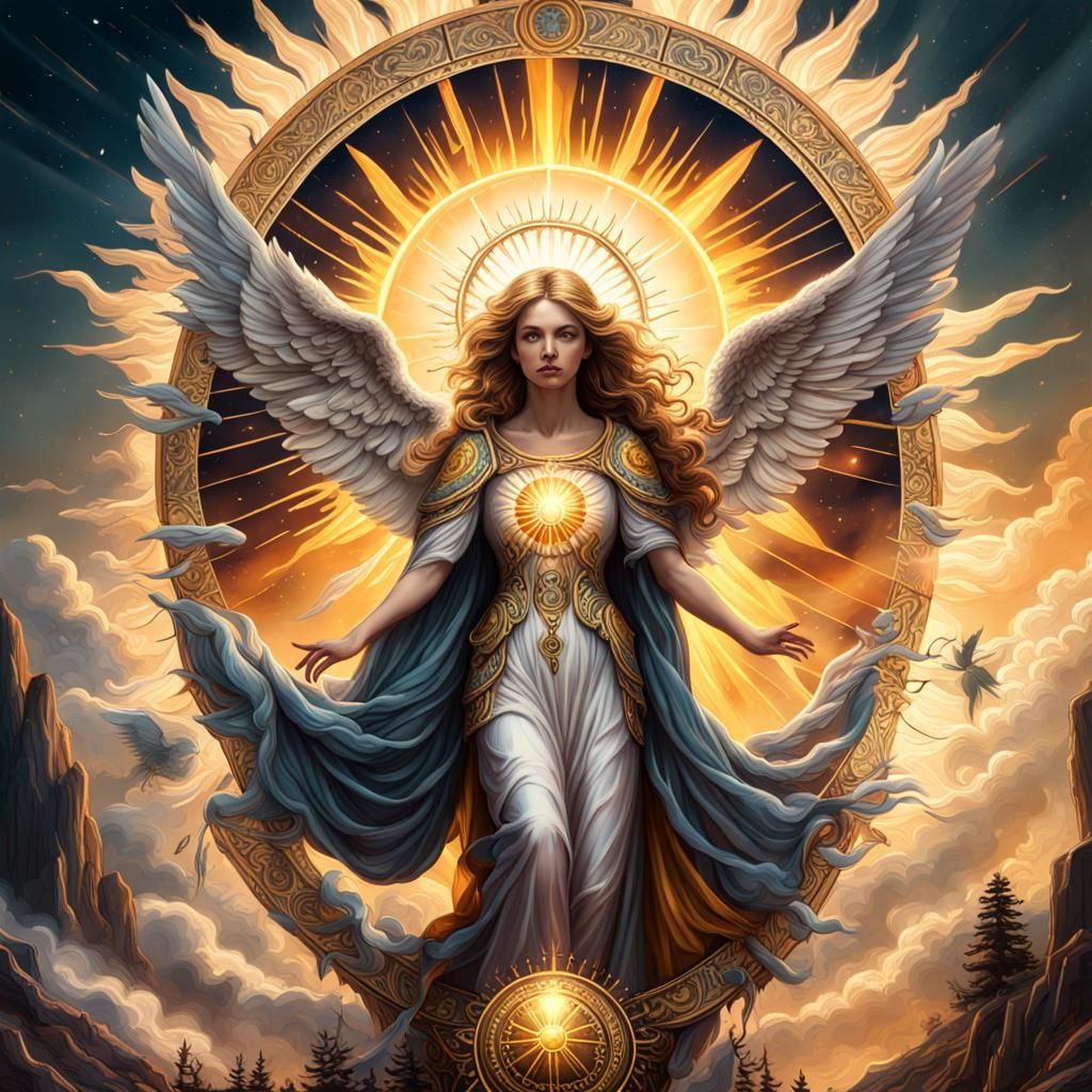 Tarot Sun Card with Angel in Digital Painting Style