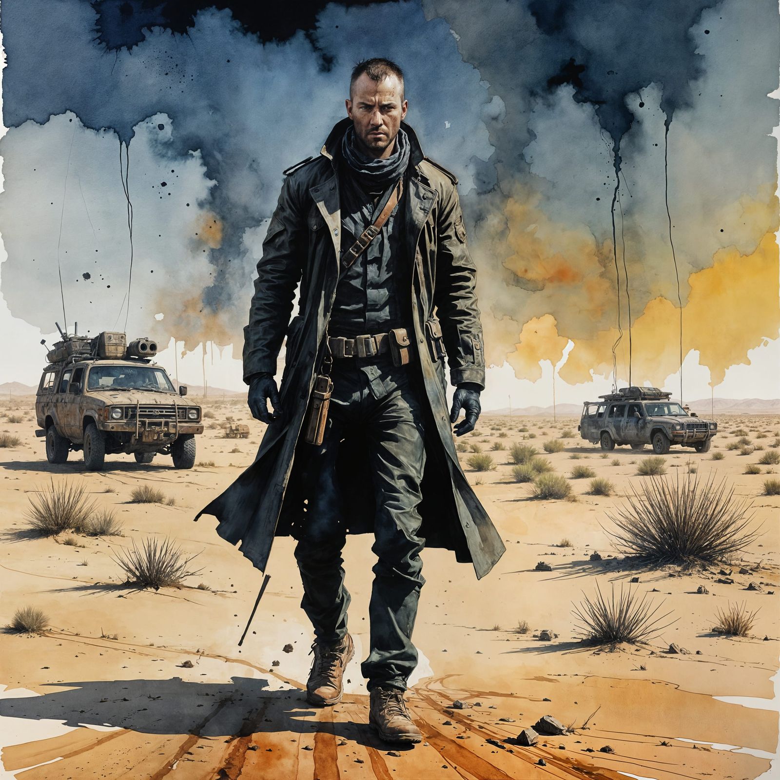 Post-Apocalyptic Desert Survival in Dark Watercolor Style
