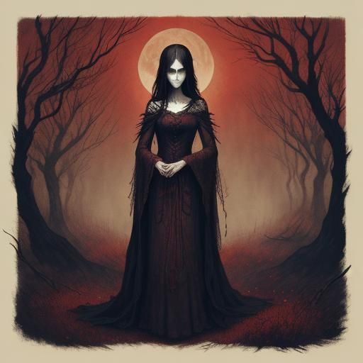 Skeletal Queen Under Blood Moon, Dark Fantasy Art