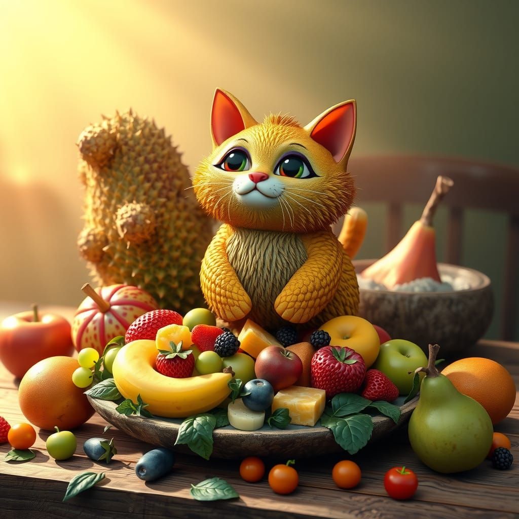 Whimsical 3D Cat Amidst Exotic Fruit Salad in Vibrant Colors