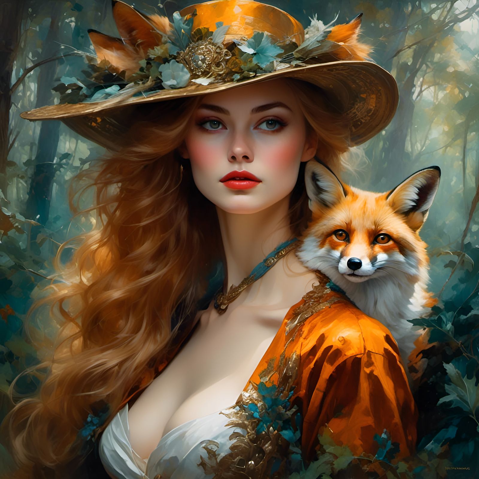 Fox Portrait in Forest, Classic Animal Painting Style