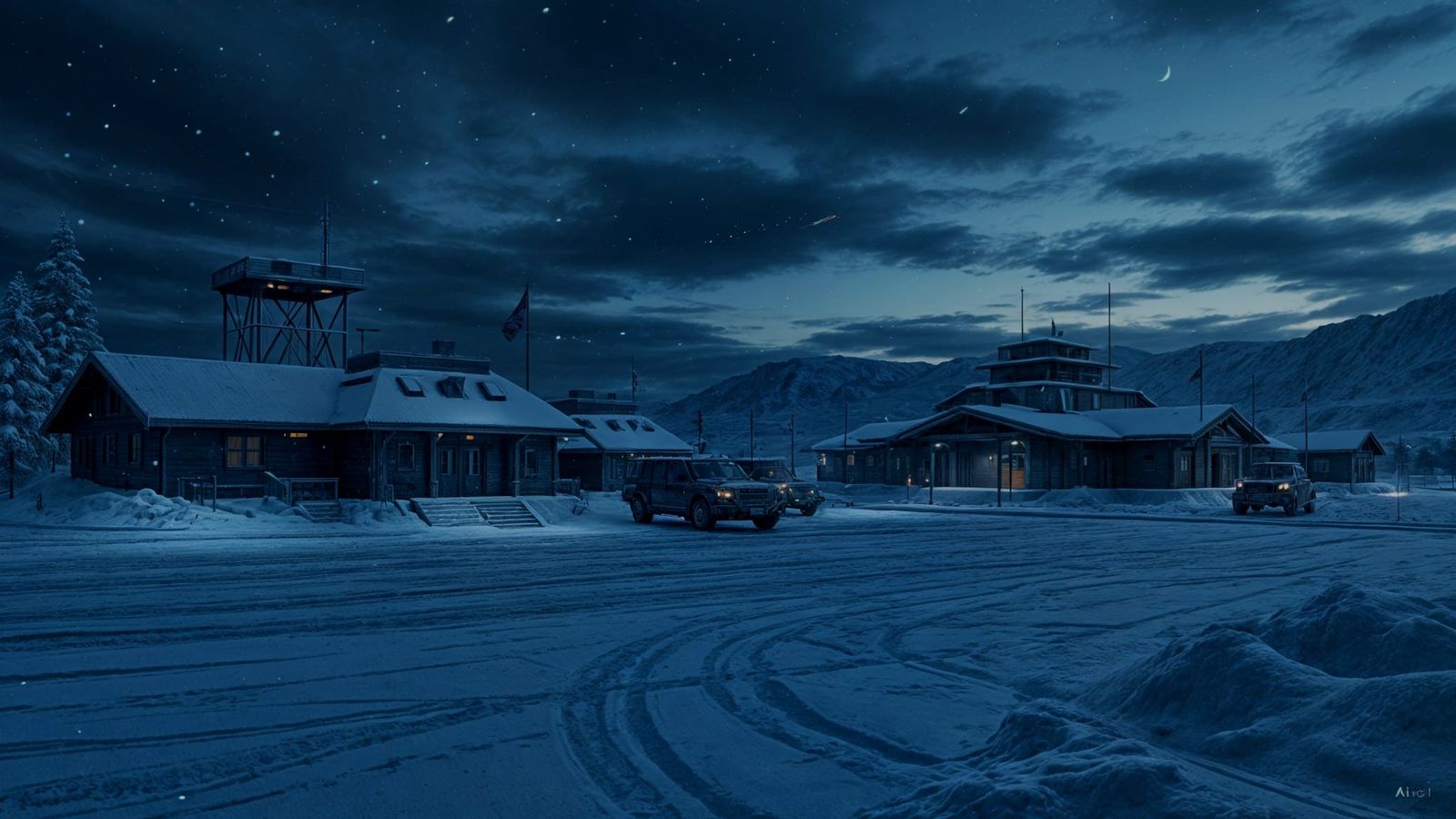 Snowy Military Base Under Starry Night