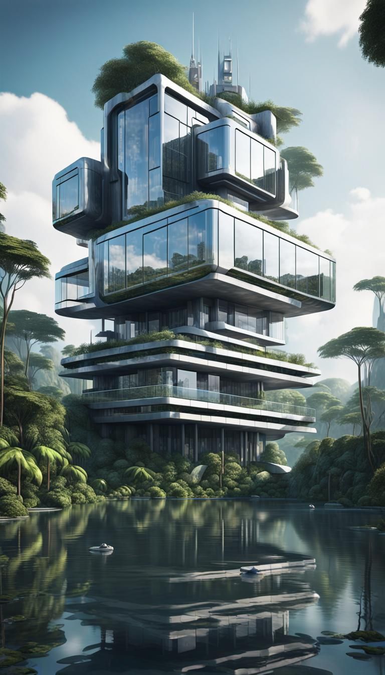 Abstract house with sci-fi hi-tech modern art with 4 floor. Futuristic look and style, each floor are complex design but...