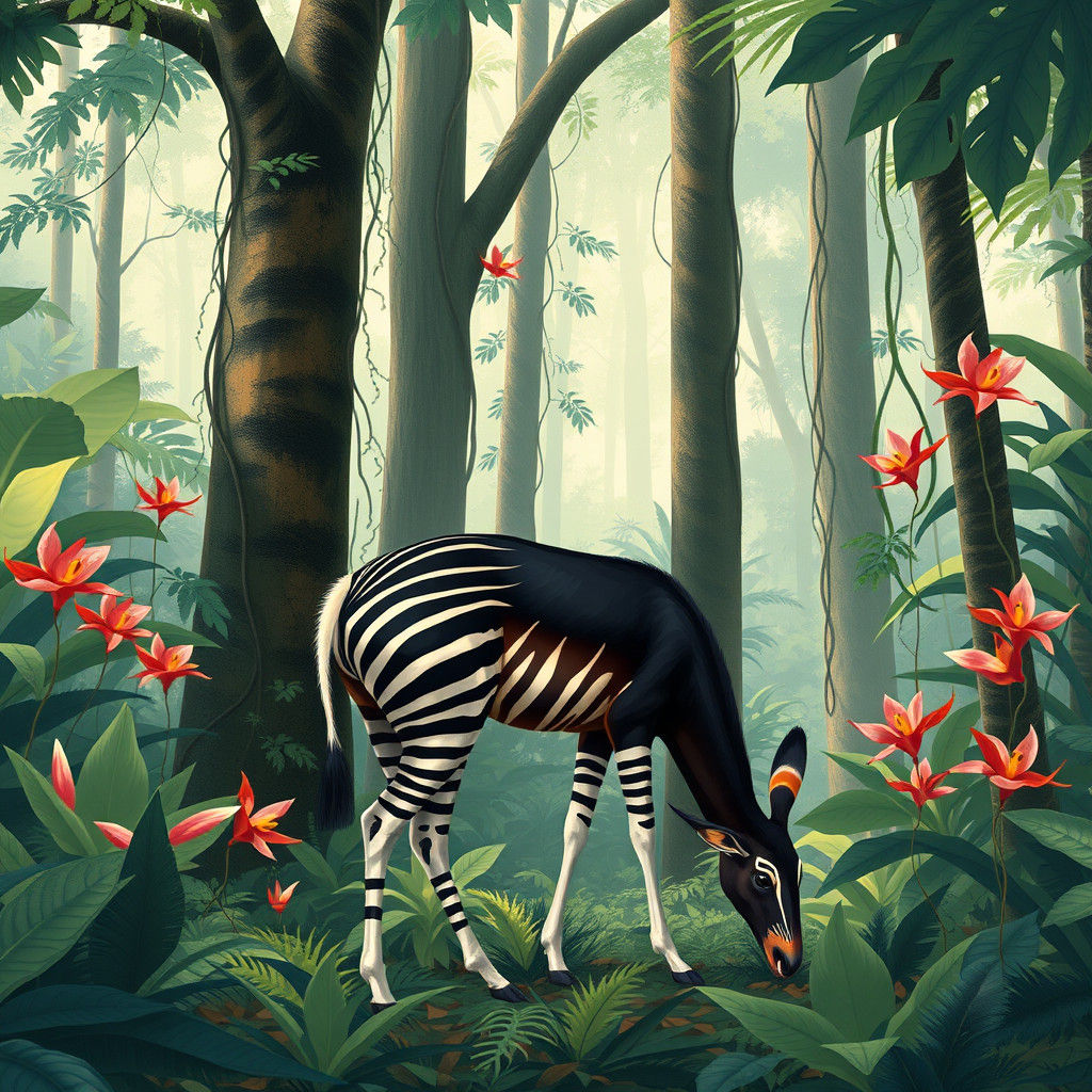 Okapi in Rainforest Undergrowth: A Wildlife Illustration
