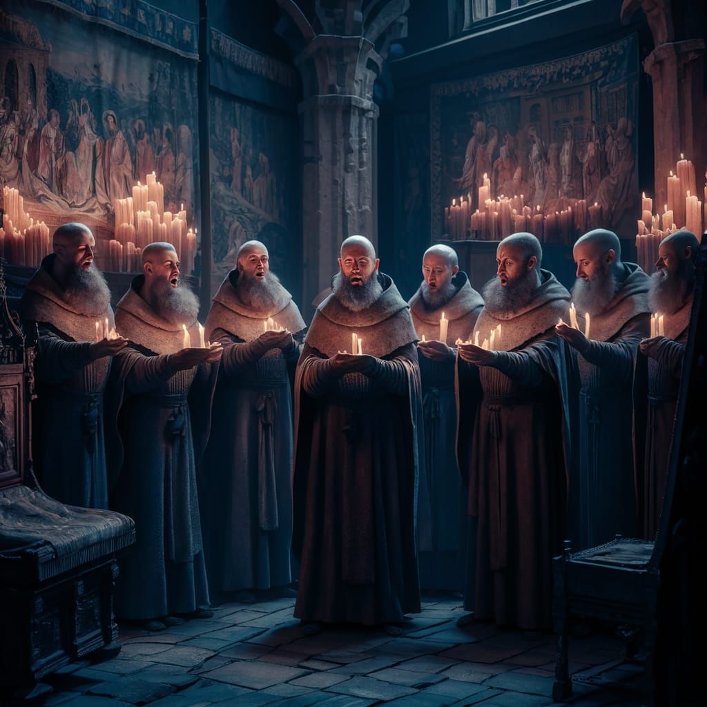 Medieval Monks Chanting Hymns in Candlelight