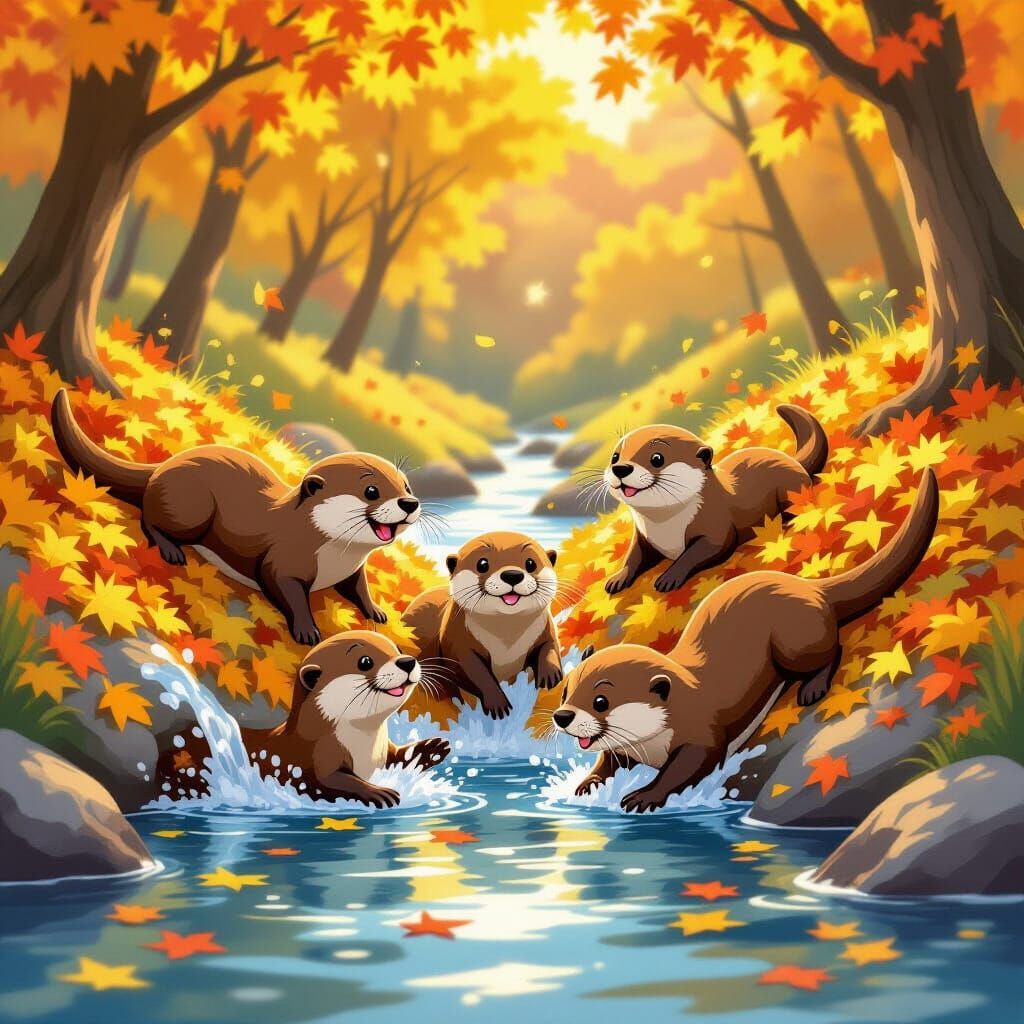 Playful Otters Slide Down Autumn Leaf Hills in 80s Animation...