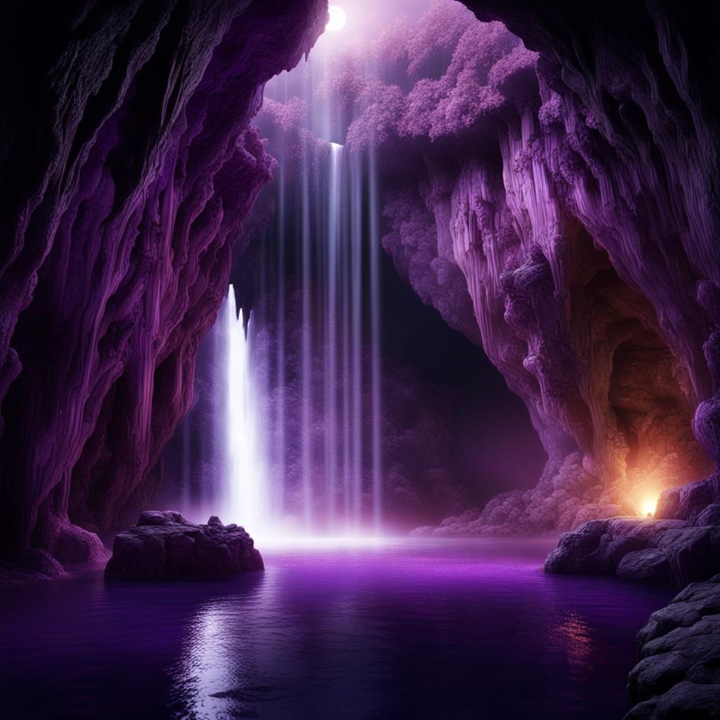 Amethyst Crystal Cave with Waterfall in Night