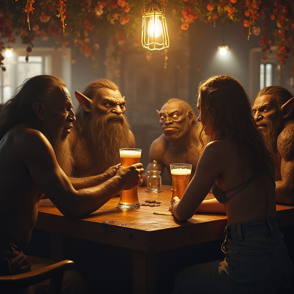 Mountain Trolls in Tavern Served by Woman