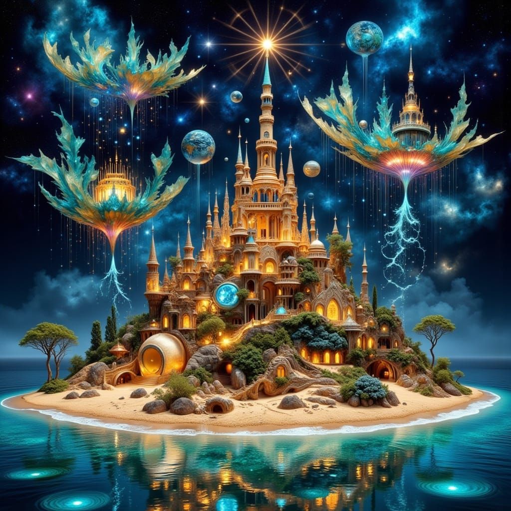 Fantasy Island with Waterfalls in Surreal Style