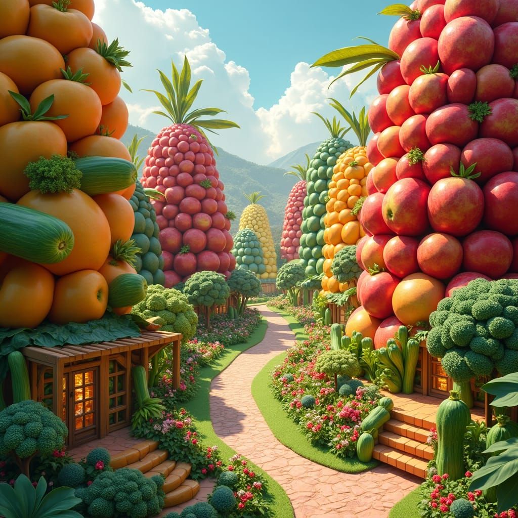 Whimsical Cityscape of Fruits and Vegetables