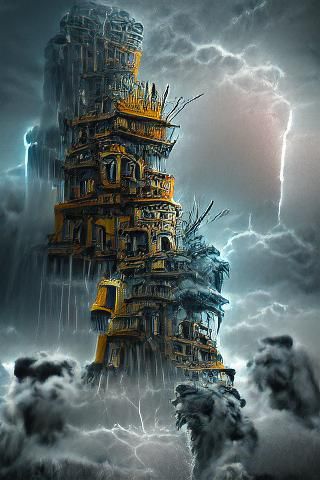 Futuristic Tower of Babylon Concept Art in Dystopian Thunder...