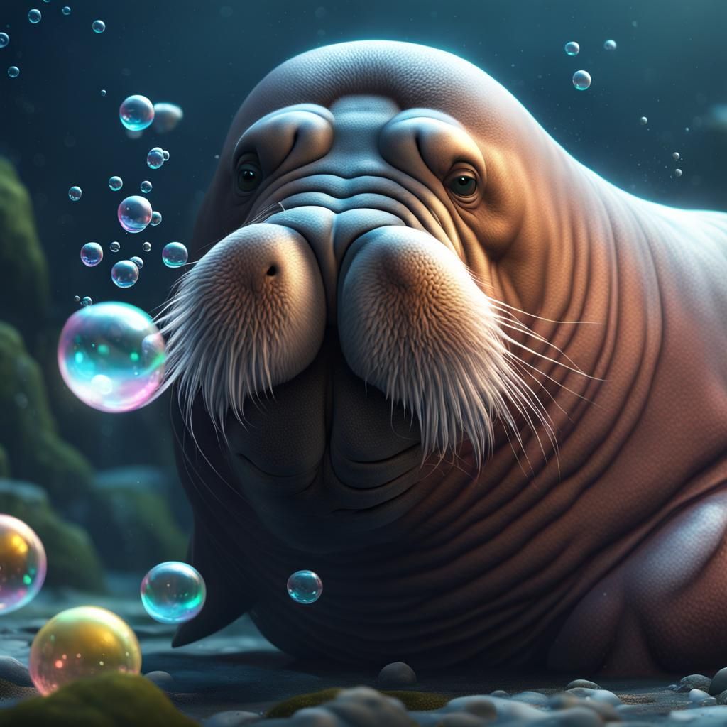 Adorable Walrus Blowing Bubbles: Detailed Matte Painting