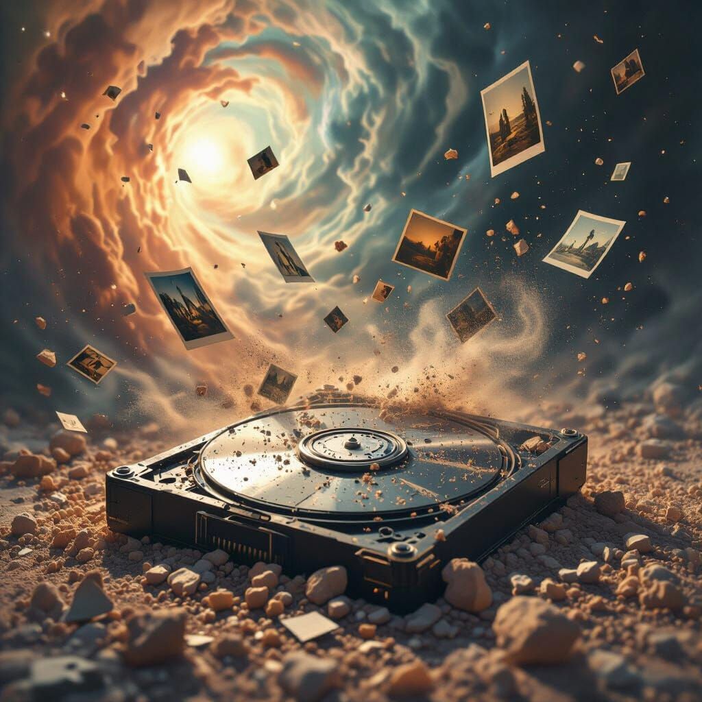 Vintage Hard Drive Disintegrating into Cosmic Dust