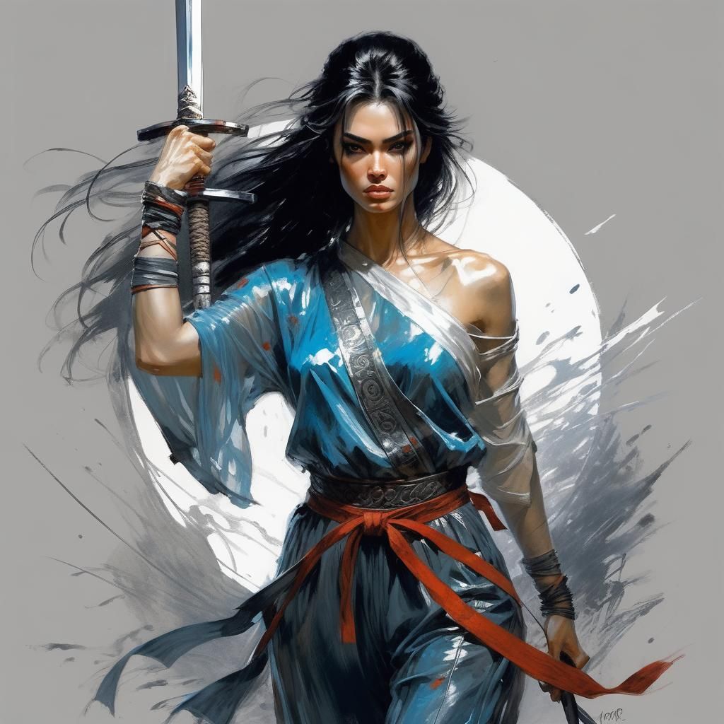 Beautiful Dark-Haired Warrior Girl with Layaba Sword
