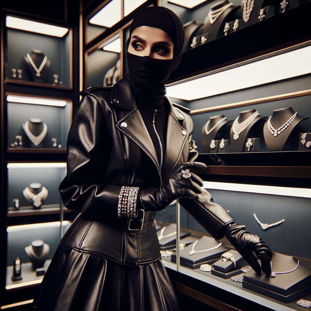 Audacious Heist: Woman Stealing Diamonds in Leather Outfit