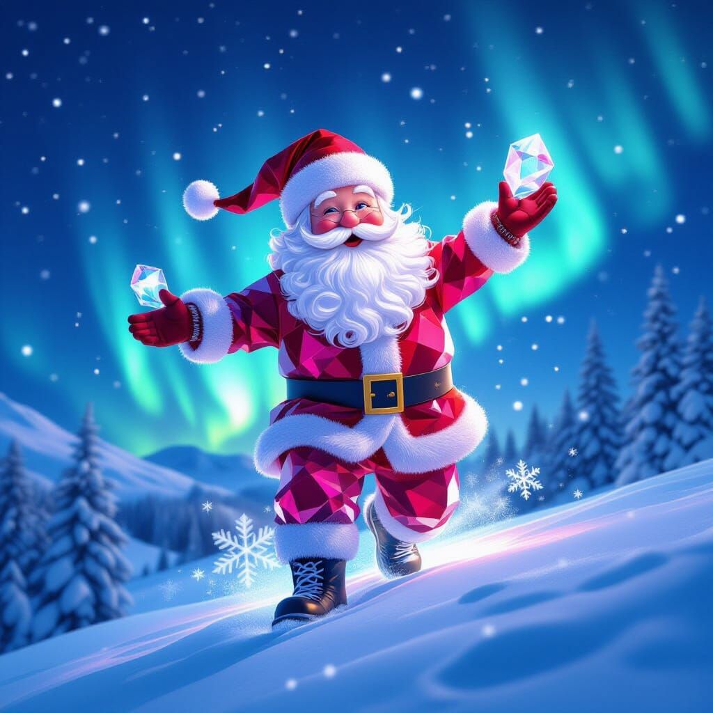 Crystalline Santa Soaring Through Snowy Aurora Sky