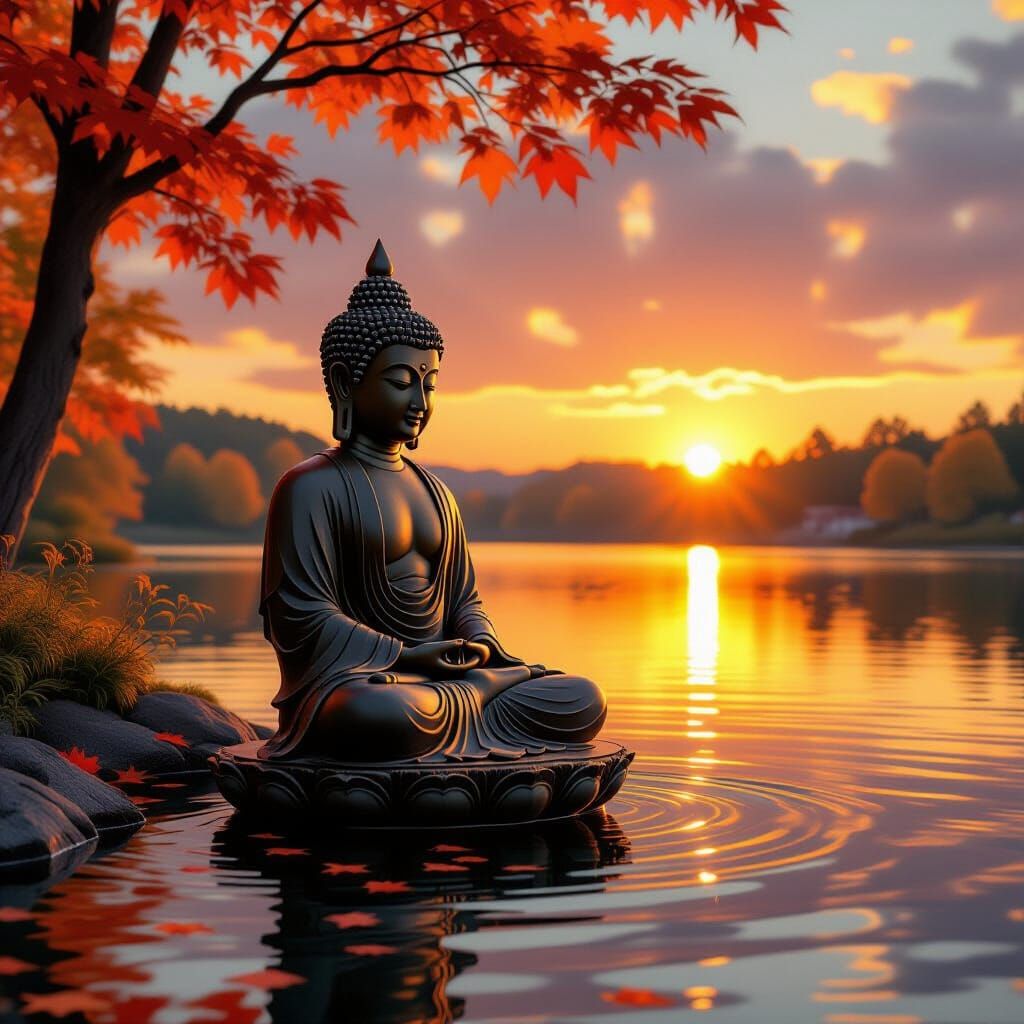 Serene Buddha Statue at Autumn Sunset Lake