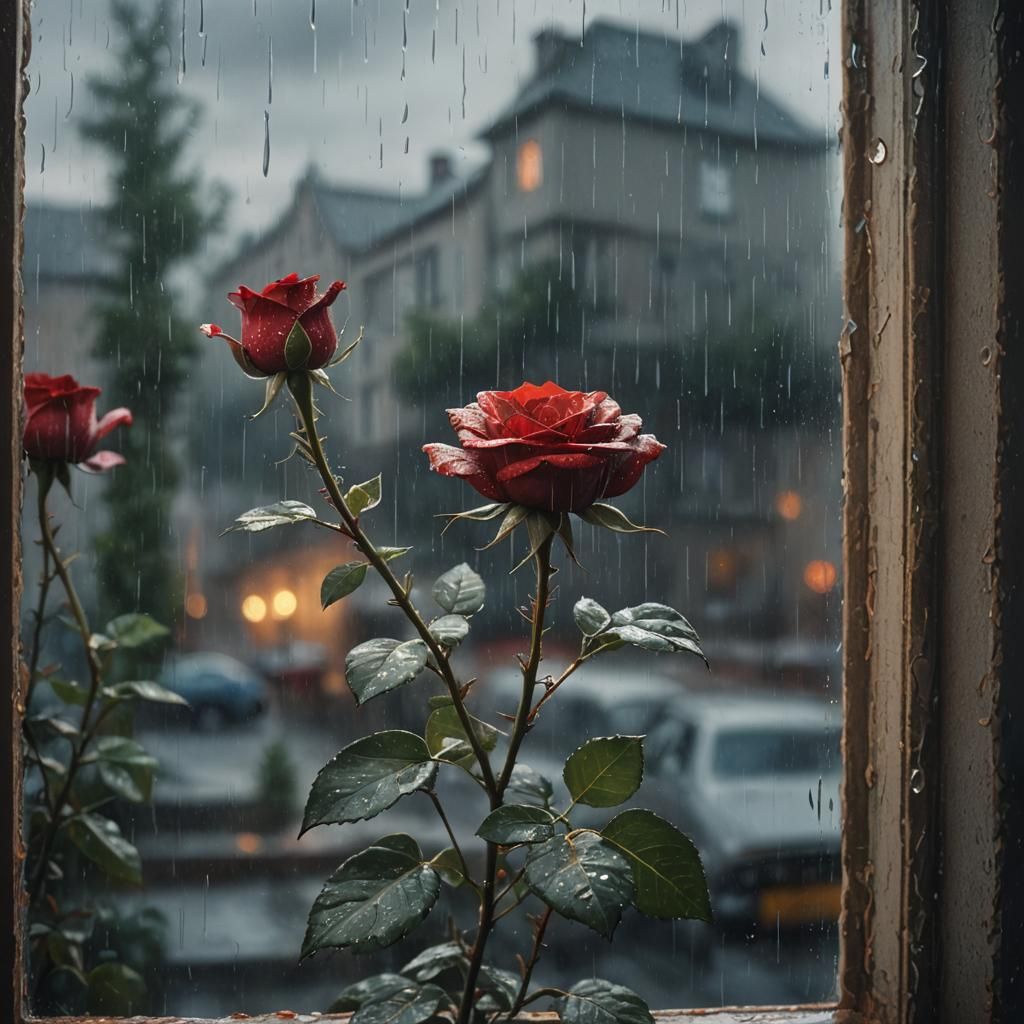 Red Rose on Rainy Day: Oil Painting Style