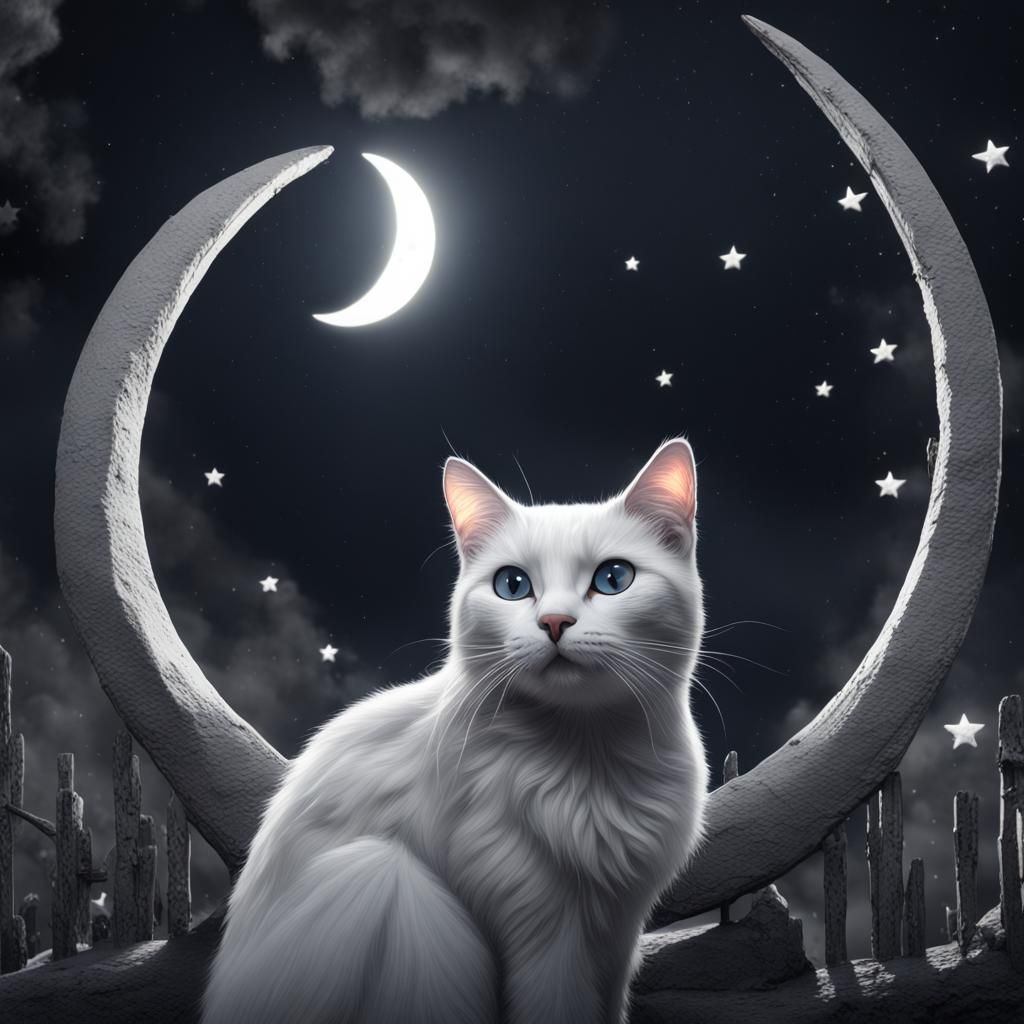 Black and White Cat Under a Starry Moon