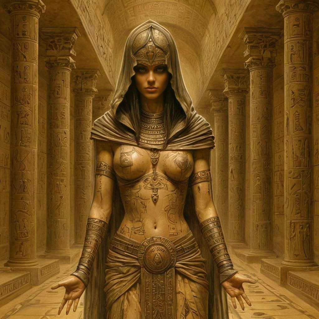 Ancient Egyptian Goddess in a Mysterious Hallway