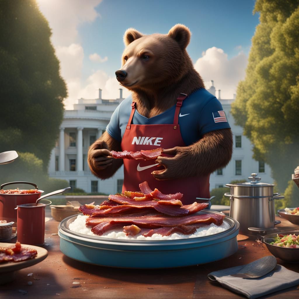 Bear Cooks Bacon Atop White House: Detailed Matte Painting