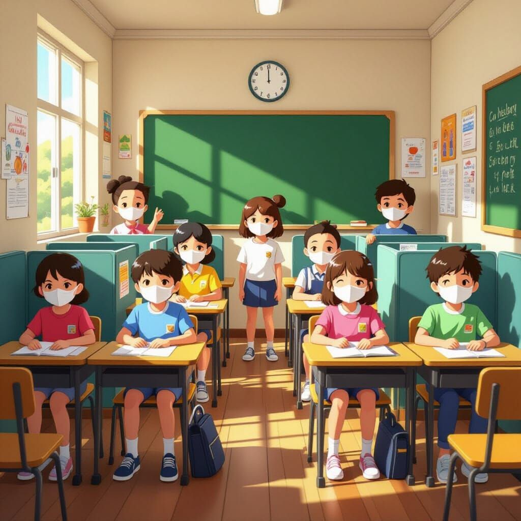 Children in Masks in Classroom, Pop Surrealism Style