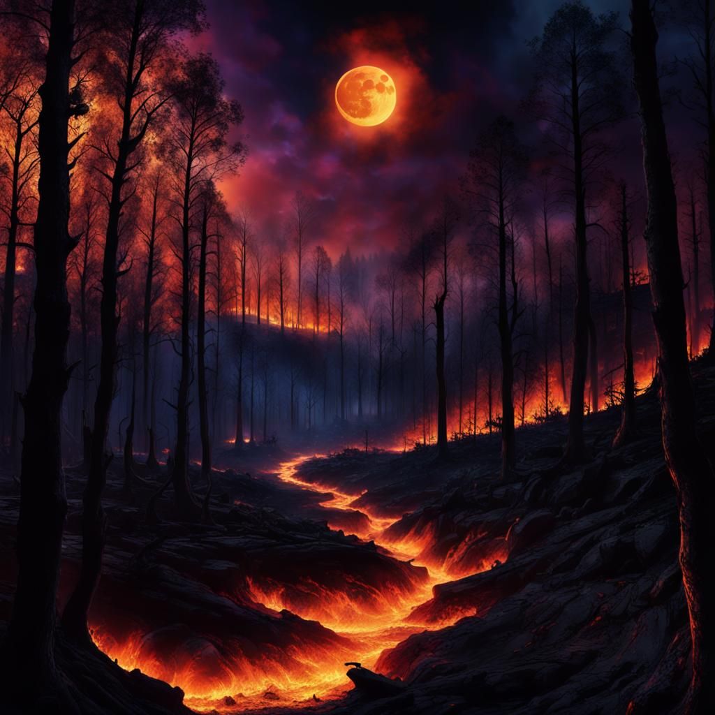 Black Moon Over Wildfire: Dark Fantasy Landscape