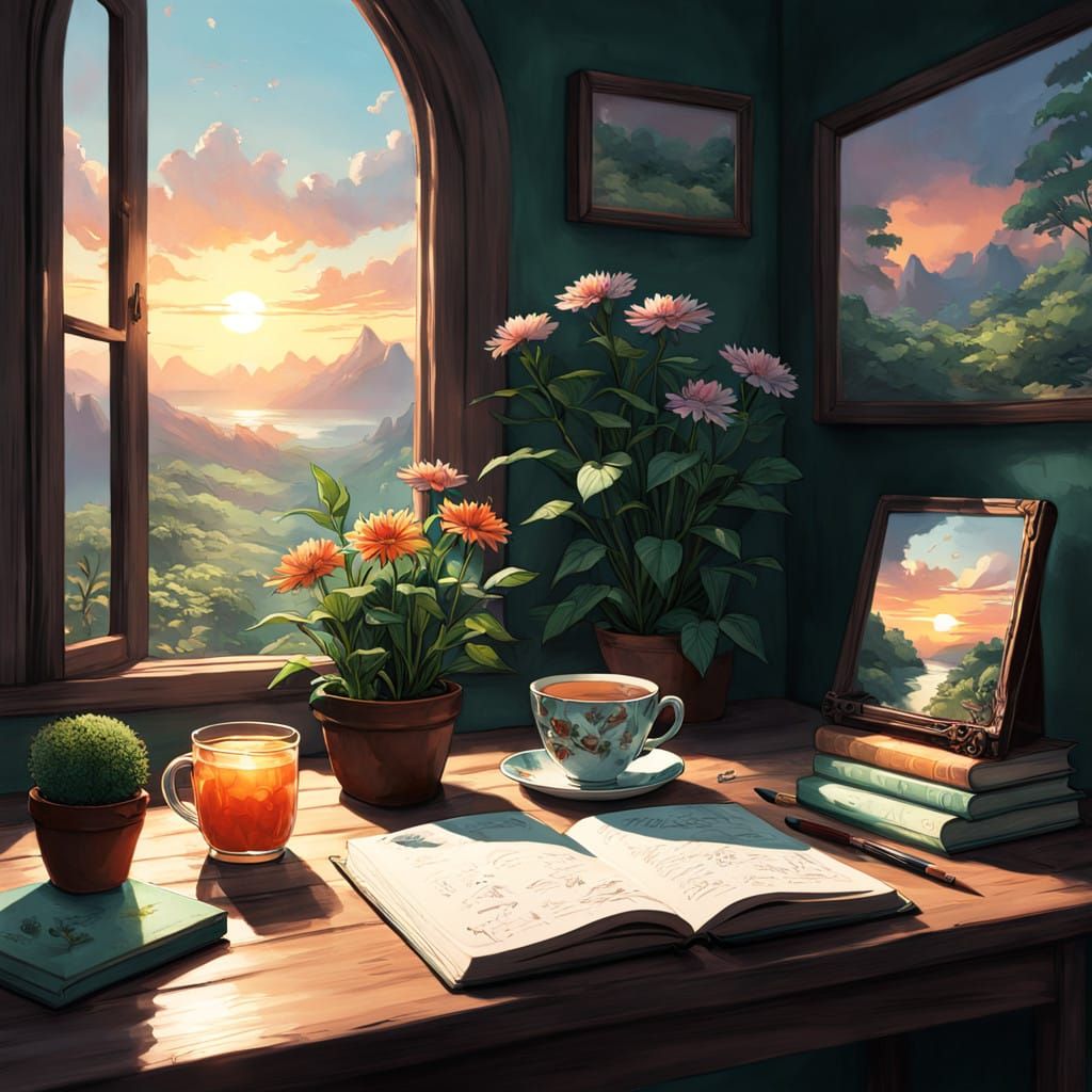 Whimsical Studio Scene with Cat and Blooming Tea