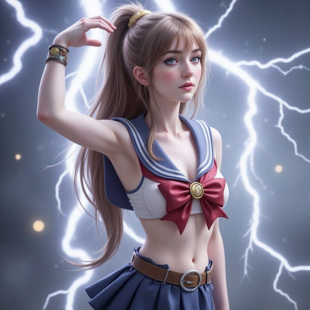 Sailor Jupiter with her hair tied up using her thunder crash