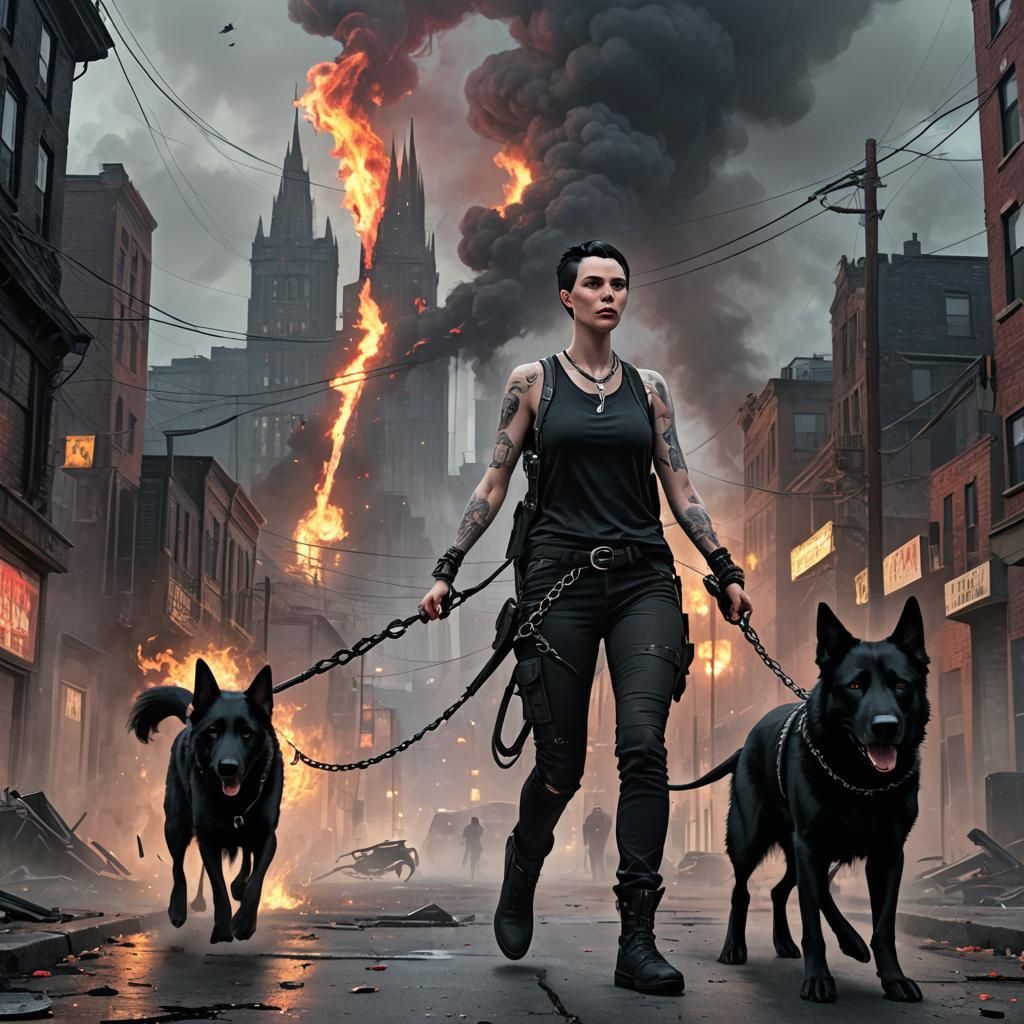 Dark Fantasy Woman Walking Dog in Burning City