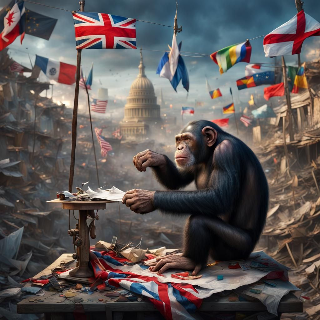 Chimpanzee Unites World Flags in Ruined City