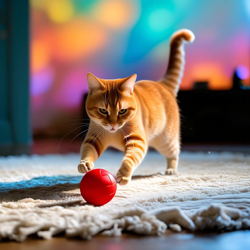 Orange Cat Chases Red Ball on Rug