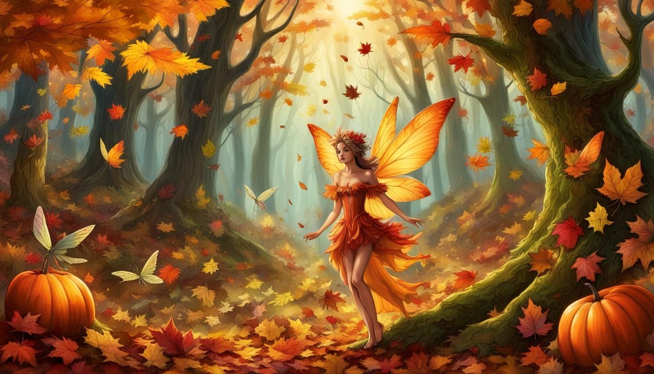 Whimsical Autumn Woodland Scene with Dancing Faeries
