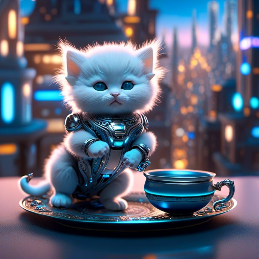 Cyborg with Kitten in Futuristic City