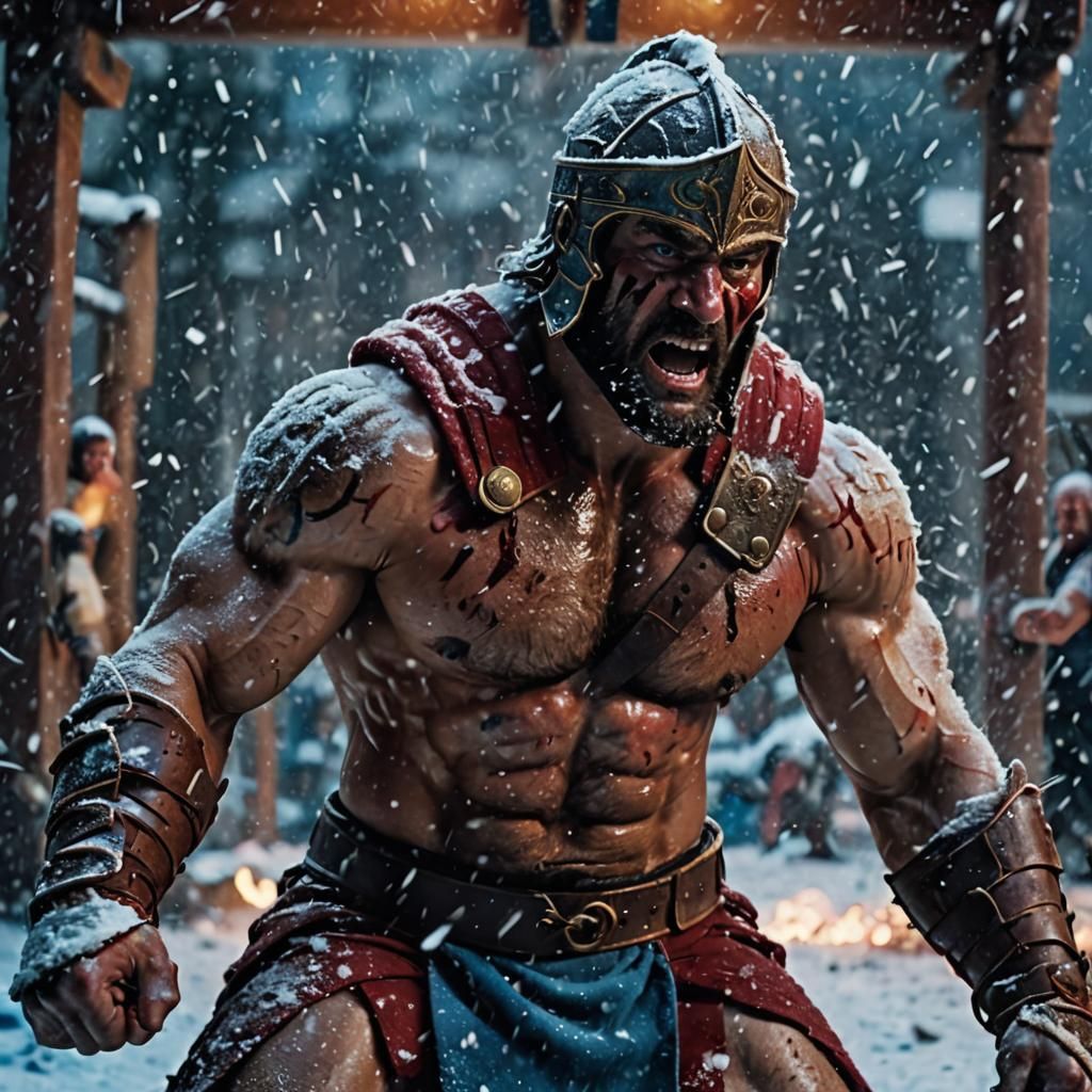 Gladiator's Intense Fight in the Snow: Cinematic Film Still