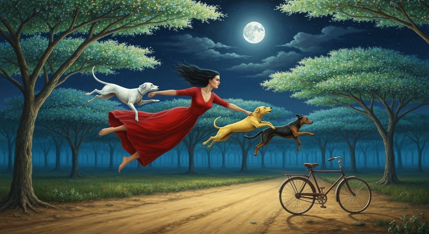 Woman Flies Through Enchanted Forest with Dogs Under Full Mo...