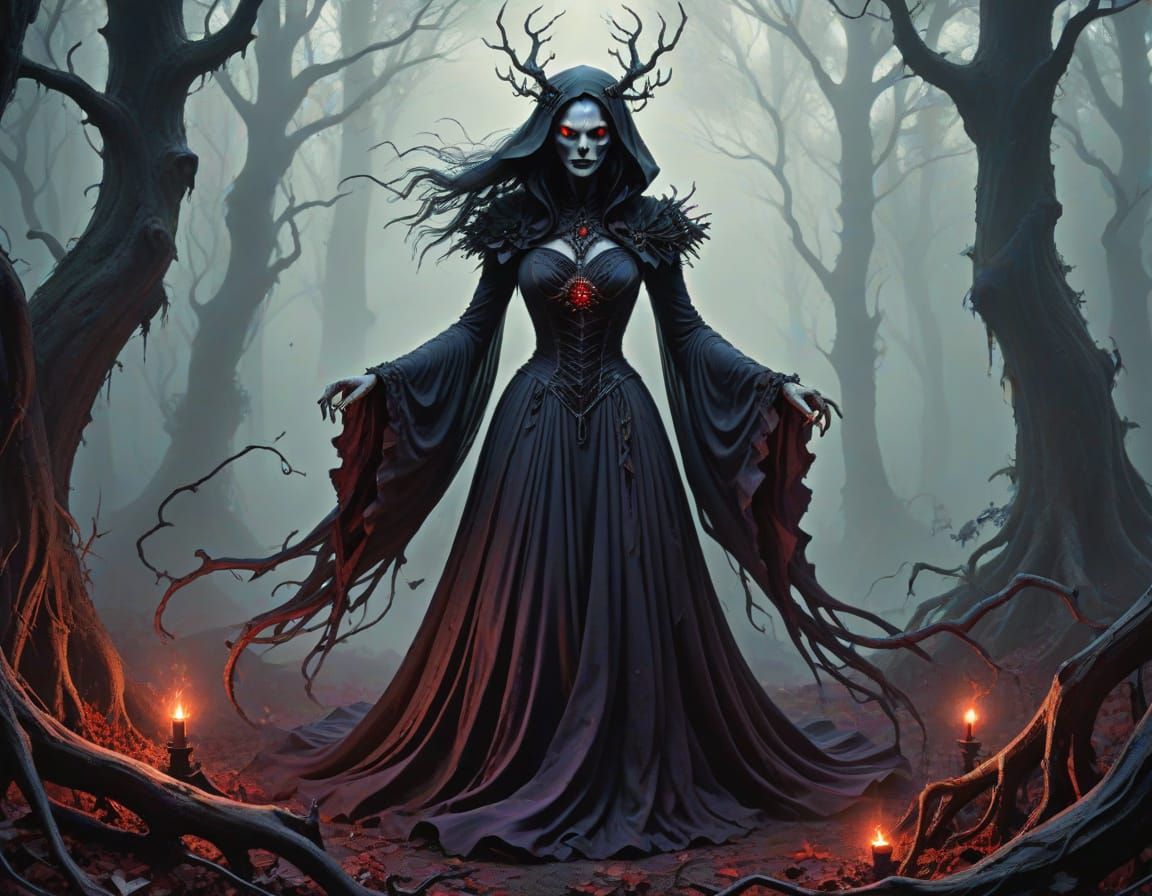 Sinister Witch in Gloomy Forest with Dark Magic Aura
