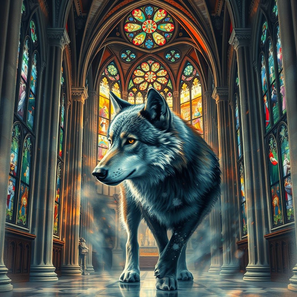 Cathedral Interior with Surreal Wolf Double Exposure
