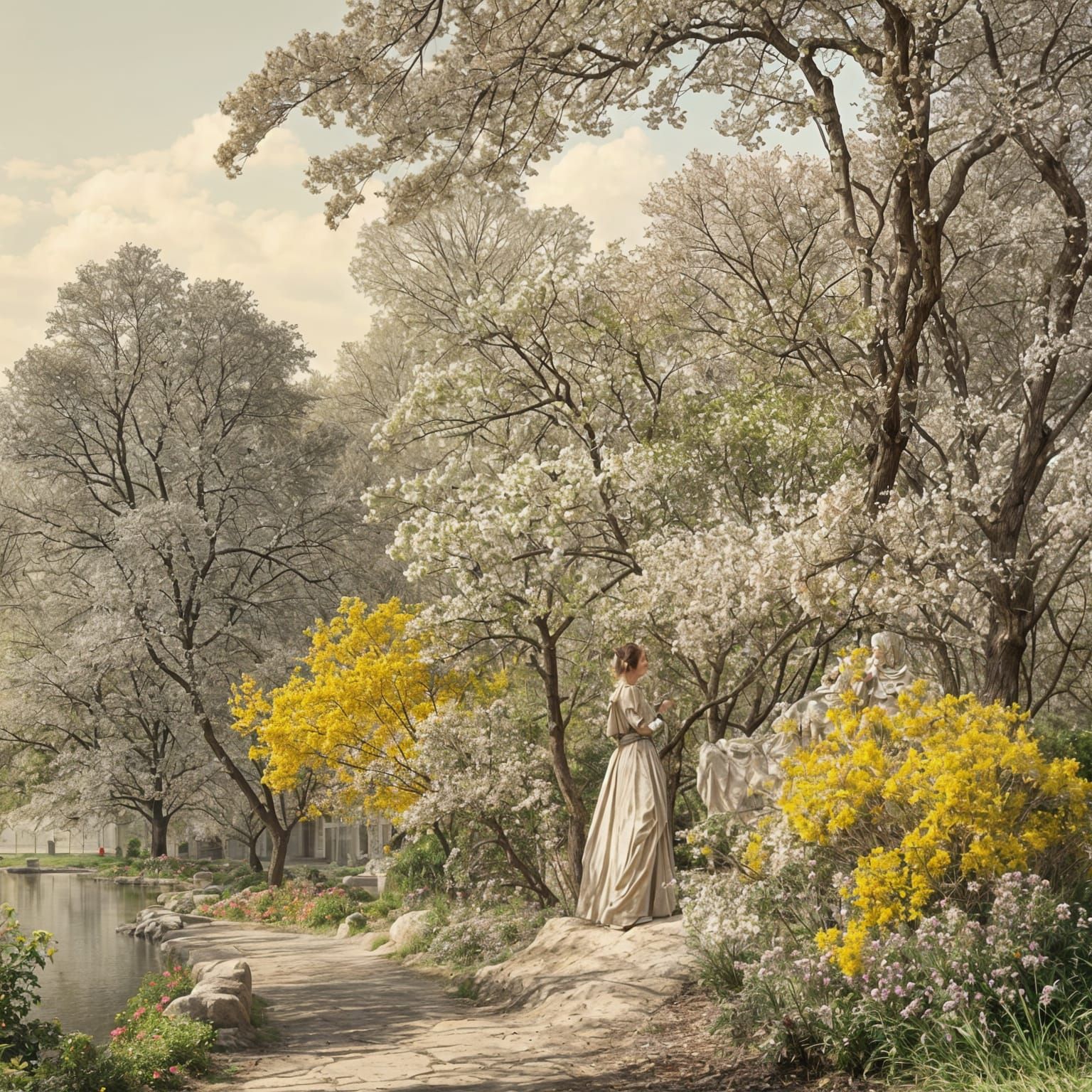 Blossom Trees in a Tranquil Garden Scene